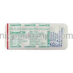 ロテンシル Lotensyl, レルカニジピン塩酸塩, 20mg 錠 (Sun Pharma) 包装裏面