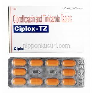 シプロフロキサシン / チニダゾール配合 (Dycip TZ ジェネリック), Ciplox-TZ, 500mg  600MG 錠 (Cipla) 箱、錠剤
