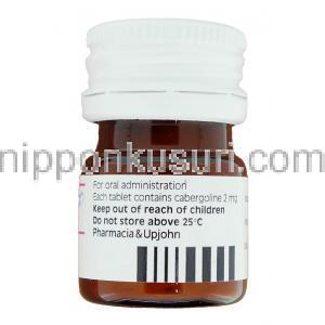 カバサール Cabaser, カベルゴリン 2mg 錠 (Pharmacia Upjohn) ボトル側面