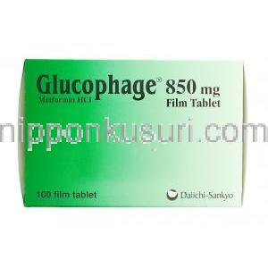 グルコファージ Glucophage, メトホルミン 850mg 錠 (ロシェ社) 箱