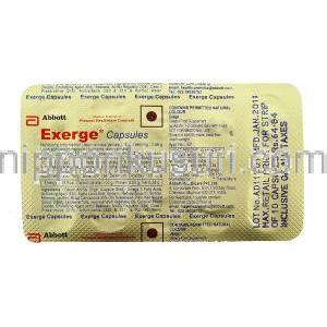 エグザージュ Exerge, ベータカロチン 6mg / ビタミン C 150mg カプセル (Nicholas Piramal) 包装裏面