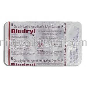 バイオドリル Biodryl, ベナドリル ジェネリック, ジフェンヒドラミン塩酸塩 25mg 錠 (Biochem) 包装裏面