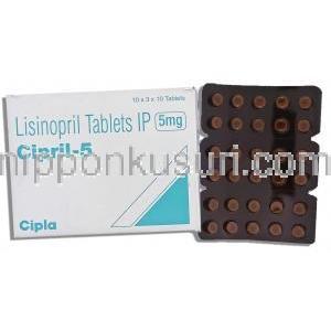 シプリル Cipril, ゼストリル  ジェネリック, リシノプリル Lisinopril  5mg 錠 (Cipla)
