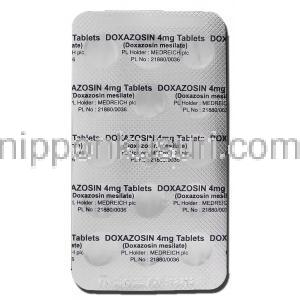 ドクサゾシン Doxazosin, カルデナリンジェネリックド, キサゾシン 4mg 錠 (Medreich) 包装裏面
