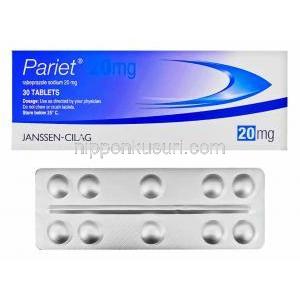 パリエット Pariet, ラベプラゾール 20mg 錠 (Janssen-Cilag) 箱、錠剤