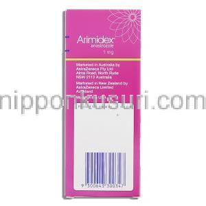 アリミデックス Arimidex, アナストロゾール 1mg 錠（アストラゼネカ社） 箱裏面