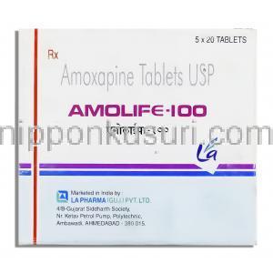 アモライフ Amolife, アモキサン ジェネリック. アモキサピン 100mg (LA Pharma) 箱