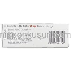 カルベジロール Carvedilol 25mg (Almus) カレンダーパック 箱裏面