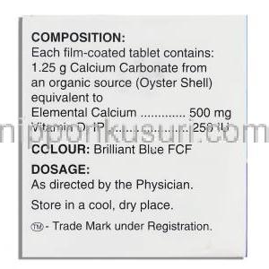 シェルカル Shelcal, カルシウム/ ビタミン D3 250 mg /125 iu （エルダー製薬） 成分