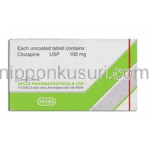 スキゾリル Skizoril, クロザリルジェネリック, クロザピン 100mg 錠 (Intas) 箱裏面
