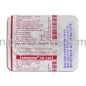 アンジゼム CD Angizem CD, ジルチアゼム XR 12mg （Sun Pharma） 包装裏面