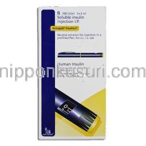 アクトラビッド フレックス ペン型注射, ヒトインスリン 100 IU/mL, ペン型注射 3 mL,製造元：Novo Nordisk India, 箱表面