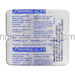 プラゾプレスXL Prazopress XL 2.5, Generic Prazosin, ミニプレス ジェネリック, プラゾシン 2.5mg 錠  (Sun Pharma) 包装裏面