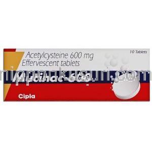 アセチルシステイン , Mucinac 600, 600MG アセチルシステイン 発泡錠 (Cipla) 箱