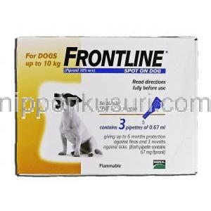 フロントライン犬用 スポットオン  Frontline, フィロプニル10%,  0.67ml x 3 本 小型犬用