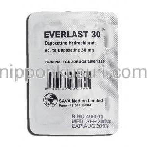 エバーラスト30 Everlast-30, プリリジー ジェネリック, ダポキセチン, 30mg, 錠 包装裏面