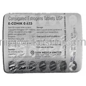 E-コニック E-Conik 0.625, プレマリン ジェネリック, 結合型エストロゲン, 0.625mg, 錠 包装裏面