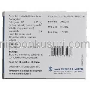 E-コニック E-Conik 1.25, プレマリン ジェネリック, 結合型エストロゲン, 1.25mg, 錠 箱裏面