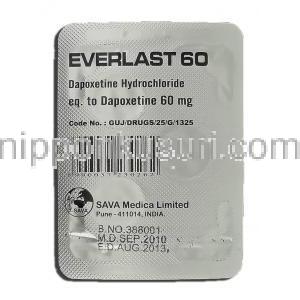 エバーラスト30 Everlast-30, プリリジー ジェネリック, ダポキセチン, 60mg, 錠 包装裏面