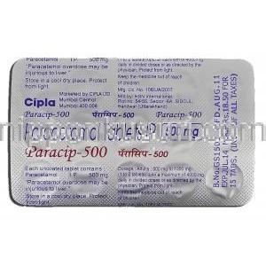 パラシップ500 Paracip-500, ファラセタモール ジェネリック, アセトアミノフェン, 1箱90錠入り,500 mg, 包装裏面