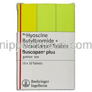 ヒヨスチン / ブチルブロミド / アセトアミノフェン配合, Buscopan Plus, 10MG / 500MG 錠 (Boehringer Ingelheim) 箱