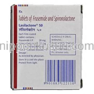 ラシラクトン50 Lasilactone 50, フルセミド 20mg, スピノロラクトン 50mg, 錠 箱側面