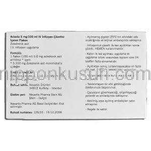 アクラスタ Aclasta, ゾレドロン酸 5mg 100ml 注射, 箱裏面