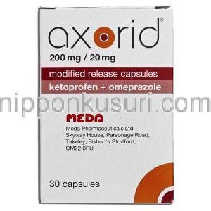 アキソリド Axorid, ケトプロフェン 200mg,  オメプラゾール 20mg, カプセル 製造者情報