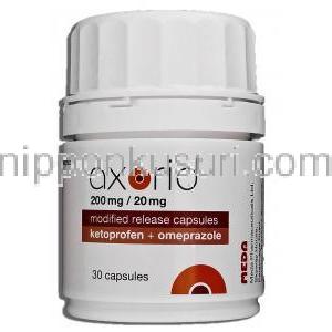 アキソリド Axorid, ケトプロフェン 200mg,  オメプラゾール 20mg, カプセル ボトル