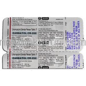 カルバトールCR-200 Carbatol CR-200, テグレトール ジェネリック, カルバマゼピンER, 200mg, 錠 包装裏面