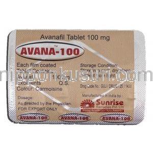 アバナ-100 Avana-100, ステンドラ ジェネリック, アバナフィル, 100mg, 錠 包装裏面