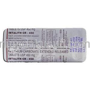 インタリスCR-450  Intalith CR-450, リーマス ジェネリック, 炭酸リチウム, 450mg, 錠 包装裏面