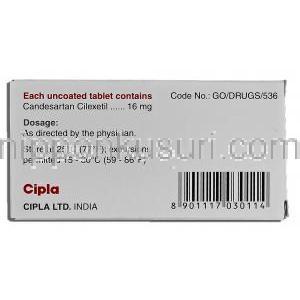 シプサルタン-16 Cipsartan-16, アタカンド ジェネリック, カンデサルタン, 16mg, 錠 箱裏面