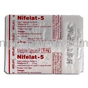 ニフェラット-5 Nifelat-5, アダラート ジェネリック, ニフェジピン, 5mg, 包装裏面