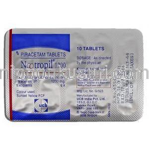 ノートロピル Nootropil, ピラセタム 1200mg, 錠 包装裏面