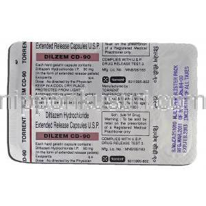 ジルゼム CD-90 Dilzem CD-90, ヘルペッサー ジェネリック XL, ジルチアゼム ER, 90mg, カプセル 包装裏面