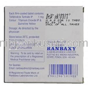 ロリテン Roliten, デトルシトール ジェネリック, 酒石酸トルテロジン, 1mg, 錠 箱裏面