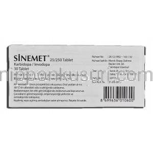 シネメット Sinemet, レボドパ 250mg, カルビドパ 25mg, 錠 箱裏面