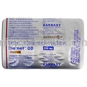 リオメットOD Riomet OD, メトホルミン ER, 850mg, 錠 包装裏面