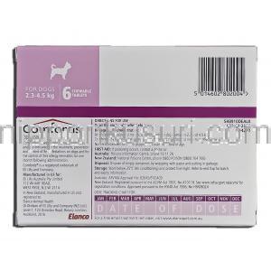 コンフォーティス Comfortis, スピノサド, 140mg, チュアブル錠, 2.3 - 4.5 kg 犬用 箱裏面