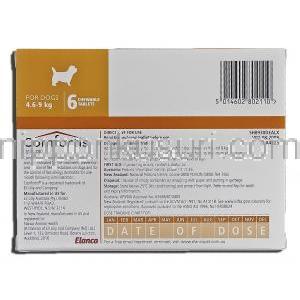 コンフォーティス Comfortis, スピノサド, 270mg, チュアブル錠, 4.5 - 9 kg 犬用 箱裏面