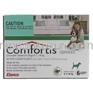 コンフォーティス Comfortis, スピノサド, 560mg, チュアブル錠, 9.1 - 18 kg 犬用 箱