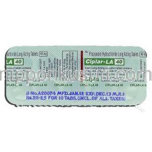 シプラーLA40 Ciplar-LA 40, インデラル ジェネリック, プロプラノロール 40mg, 持続型錠 包装裏面