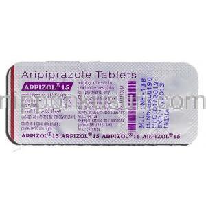 アルピゾル15 Arpizol 15, アビリファイ ジェネリック, アリピプラゾール 15mg, 錠 包装裏面