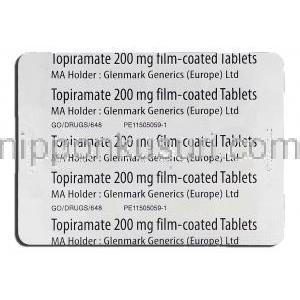 トピラマート Topiramate, トピナ ジェネリック, トピラマート 200mg, 錠 包装裏面