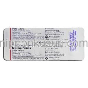 トピラマート, トピラメートTopiramate, トパマックス ジェネリック, Topiramate 50mg, 錠 包装裏面