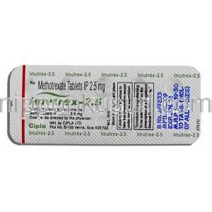 イミュトレックス Imutrex, メトトレキサート 2.5mg 錠 (Cipla) 包装裏面