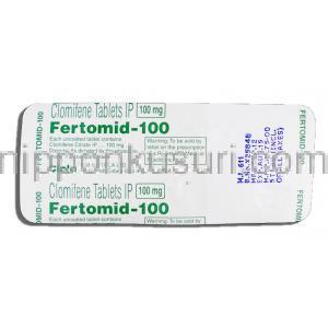 フェルトミッド-100 Fertomid-100, クロミッド ジェネリック, クロミフェン 100mg, 錠 包装裏面