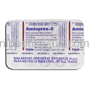 アムロプレス5 Amlopres 5, アムロジン/ノルバスク ジェネリック, アムロジピン 5mg, 錠 包装裏面