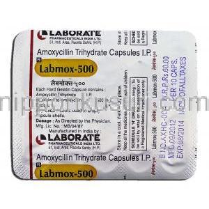 ラブモックス500 Labmox 500, アモキシシリン ジェネリック, アモキシシリン 500mg, 錠, 包装裏面